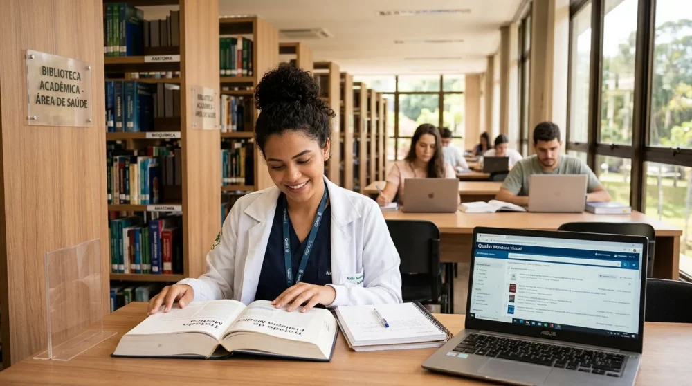 Estudante de Medicina de jaleco branco consultando um livro didático impresso e um notebook aberto na plataforma de biblioteca virtual em uma biblioteca universitária iluminada.