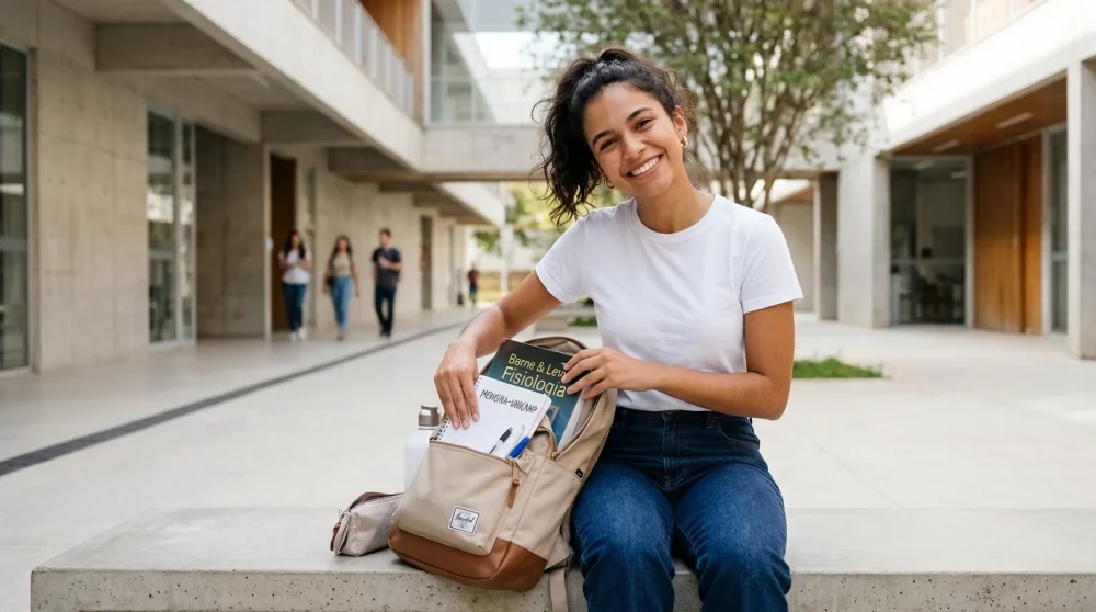 Uma jovem estudante de medicina brasileira, com cabelos cacheados e vestindo camiseta branca e jeans, sentada em um banco de concreto de um pátio universitário moderno. Ela olha para a câmera com um sorriso largo e caloroso. Com as mãos, ela guarda um caderno de anotações e um livro didático intitulado "Berne & Levy Fisiologia" em sua mochila de lona bege e marrom. Ao fundo, vê-se a arquitetura de concreto aparente da universidade e alguns outros estudantes caminhando ao longe, fora de foco.