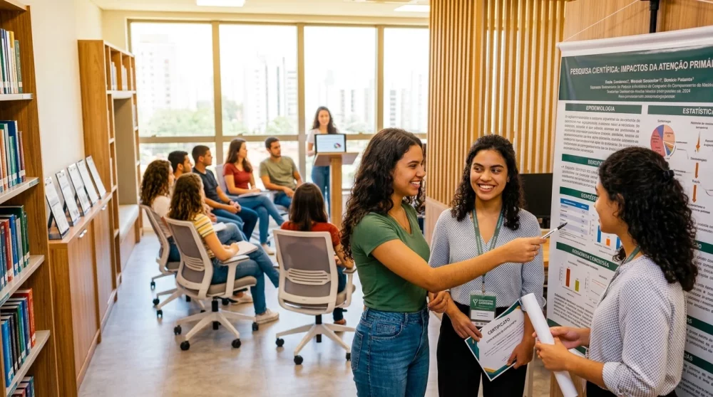 Estudantes de Medicina participam de atividade acadêmica complementar com apresentação de trabalho científico.
